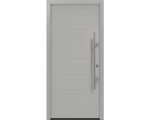 Porte d'entrée EcoStar ISOPRO Secur IPS 015 1100 x 2100 mm droite RAL 9006 aluminium blanc mat avec ensemble de ferrures, poignée barre en acier inoxydable, cylindre profilé de sécurité avec 5 clés Porte d''entrée avec poignée verticale et fraisages décoratifs horizontaux