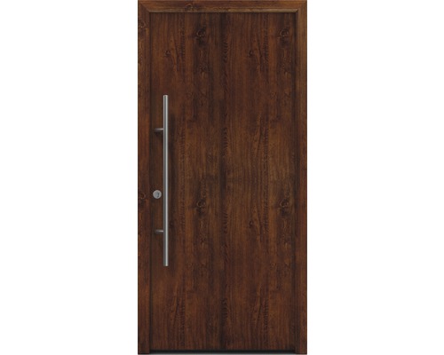 Porte d'entrée EcoStar ISOPRO Secur IPS 010 1100 x 2100 mm gauche dark oak avec ensemble de ferrures, poignée barre en acier inoxydable, cylindre profilé de sécurité avec 5 clés