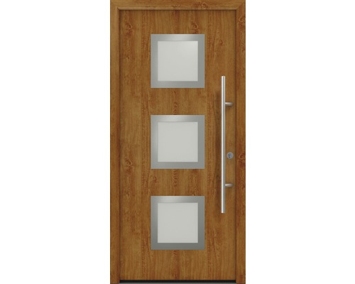 Porte d'entrée EcoStar ISOPRO Secur IPS 810S 1100 x 2100 mm droite golden oak avec ensemble de ferrures, poignée barre en acier inoxydable, cylindre profilé de sécurité avec 5 clés