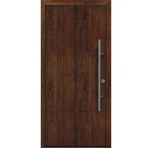 Haustür mit Holzdekor und Edelstahlgriff