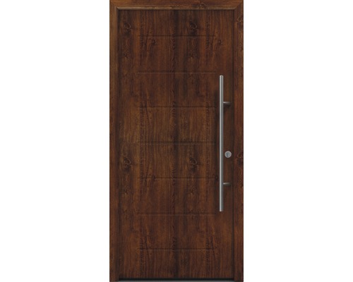 Porte d'entrée EcoStar ISOPRO Secur IPS 015 1100 x 2100 mm droite dark oak avec ensemble de ferrures, poignée barre en acier inoxydable, cylindre profilé de sécurité avec 5 clés