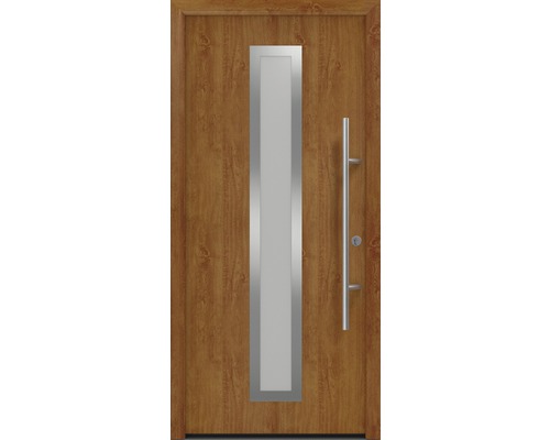 Porte d'entrée EcoStar ISOPRO Secur IPS 700S 1100 x 2100 mm droite golden oak avec ensemble de ferrures, poignée barre en acier inoxydable, cylindre profilé de sécurité avec 5 clés