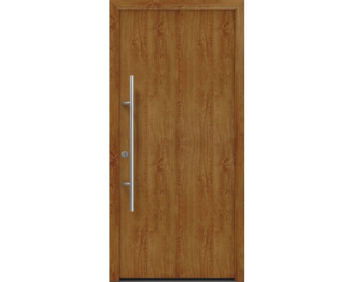 Porte d'entrée EcoStar ISOPRO Secur IPS 010 1100 x 2100 mm gauche golden oak avec ensemble de ferrures, poignée barre en acier inoxydable, cylindre profilé de sécurité avec 5 clés