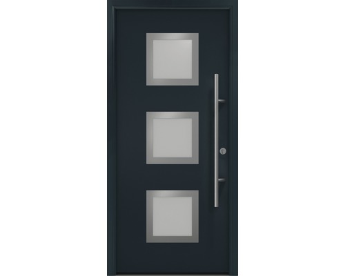 Porte d'entrée EcoStar ISOPRO Secur IPS 810S 1100 x 2100 mm droite RAL 7016 gris anthracite avec ensemble de ferrures, poignée barre en acier inoxydable, cylindre profilé de sécurité avec 5 clés Porte d''entrée avec trois vitrages carrés et barre de poignée