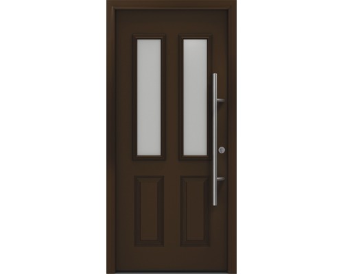 Porte d'entrée EcoStar ISOPRO Secur IPS 410S 1100 x 2100 mm droite RAL 8028 marron terre cuite avec ensemble de ferrures, poignée barre en acier inoxydable, cylindre profilé de sécurité avec 5 clés Porte d''entrée marron avec deux vitrages et poignée