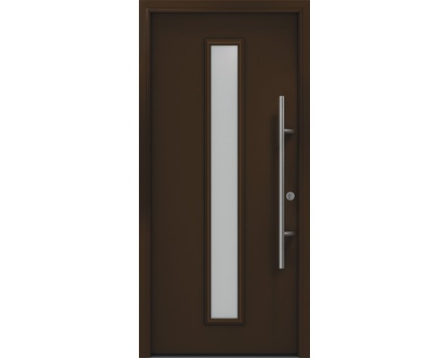 Porte d'entrée EcoStar ISOPRO Secur IPS 020S 1100 x 2100 mm droite RAL 8028 marron terre cuite avec ensemble de ferrures, poignée barre en acier inoxydable, cylindre profilé de sécurité avec 5 clés Porte d''entrée marron avec insert en verre et poignée barre