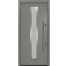 Graue Haustür mit Glasausschnitt und Edelstahlgriff