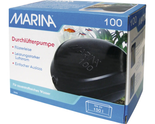 Pompe à air Marina aérateur 100, pour aquariums jusqu'à env. 150 L, 4 W, 100 l/h Emballage d''une pompe à air Marina 100 pour aquariums jusqu''à 150 litres
