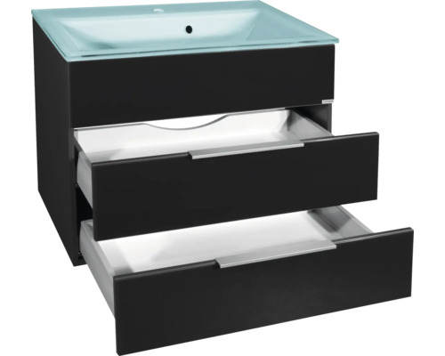 Meuble de salle de bain avec deux tiroirs et lavabo à poser en verre