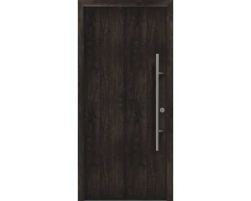 Porte d'entrée EcoStar ISOPRO Secur IPS 010 1100 x 2100 mm droite night oak avec ensemble de ferrures, poignée barre en acier inoxydable, cylindre profilé de sécurité avec 5 clés