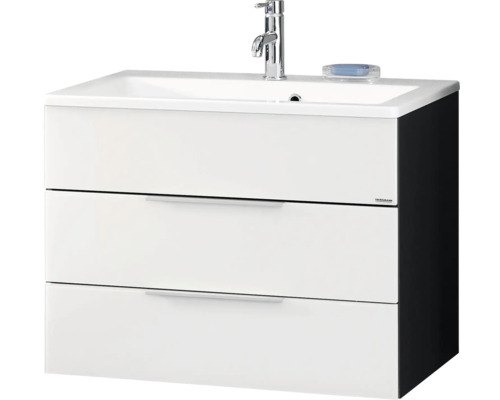 Waschtischunterschrank FACKELMANN Style 80 cm weiss anthrazit montiert 80953 Waschtischunterschrank mit drei Schubladen, Waschbecken und Armatur