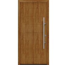 Porte en bois avec lignes décoratives droites fraisées et une poignée en métal