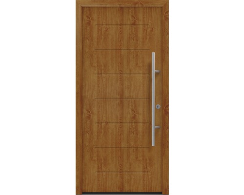 Porte d'entrée EcoStar ISOPRO Secur IPS 015 1100 x 2100 mm droite golden oak avec ensemble de ferrures, poignée barre en acier inoxydable, cylindre profilé de sécurité avec 5 clés