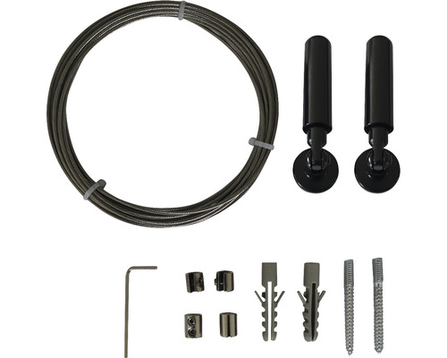 Komplettes Aufhängeset mit Drahtseil, zwei Aufhängevorrichtungen, Schrauben, Dübeln, Inbusschlüssel und Klemmen zur Befestigung von Bildern