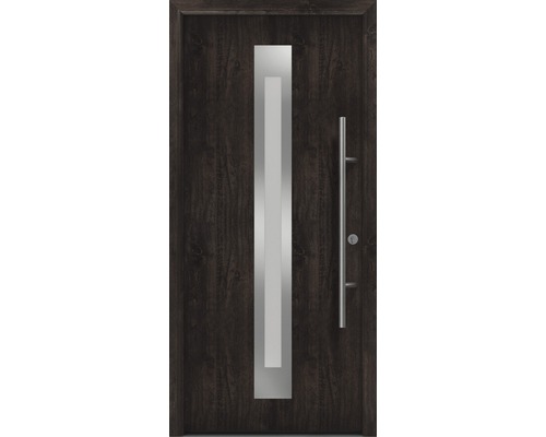 Porte d'entrée EcoStar ISOPRO Secur IPS 770S 1100 x 2100 mm droite night oak avec ensemble de ferrures, poignée barre en acier inoxydable, cylindre profilé de sécurité avec 5 clés