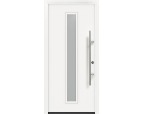 Porte d'entrée EcoStar ISOPRO Secur IPS 020S 1100 x 2100 mm droite RAL 9016 blanc signalisation avec ensemble de ferrures, poignée barre en acier inoxydable, cylindre profilé de sécurité avec 5 clés Porte d''entrée blanche avec insert en verre et poignée barre