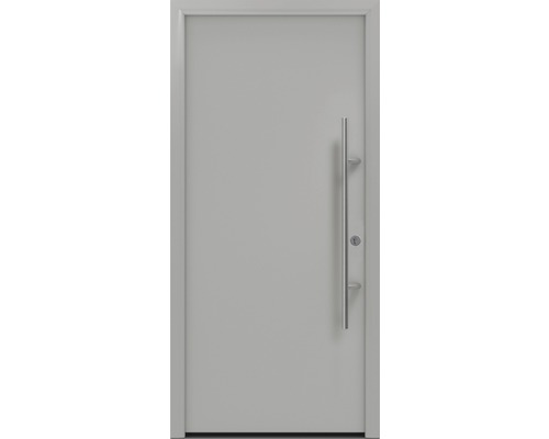 Porte d'entrée EcoStar ISOPRO Secur IPS 010 1100 x 2100 mm droite RAL 9006 aluminium blanc mat avec ensemble de ferrures, poignée barre en acier inoxydable, cylindre profilé de sécurité avec 5 clés Porte d''entrée grise avec poignée en acier inoxydable