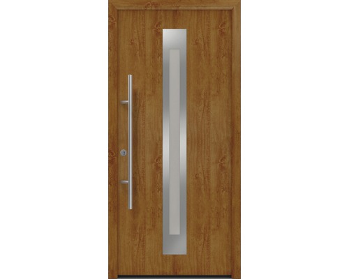 Porte d'entrée EcoStar ISOPRO Secur IPS 770S 1100 x 2100 mm gauche golden oak avec ensemble de ferrures, poignée barre en acier inoxydable, cylindre profilé de sécurité avec 5 clés