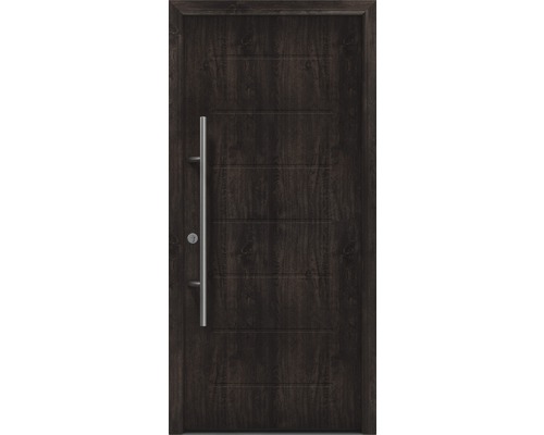 Porte d'entrée EcoStar ISOPRO Secur IPS 015 1100 x 2100 mm gauche night oak avec ensemble de ferrures, poignée barre en acier inoxydable, cylindre profilé de sécurité avec 5 clés