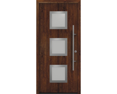 Porte d'entrée EcoStar ISOPRO Secur IPS 810S 1100 x 2100 mm droite dark oak avec ensemble de ferrures, poignée barre en acier inoxydable, cylindre profilé de sécurité avec 5 clés