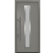 Porte d''entrée grise avec fenêtre et poignée en acier inoxydable