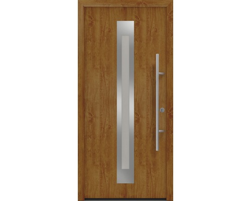 Porte d'entrée EcoStar ISOPRO Secur IPS 770S 1100 x 2100 mm droite golden oak avec ensemble de ferrures, poignée barre en acier inoxydable, cylindre profilé de sécurité avec 5 clés