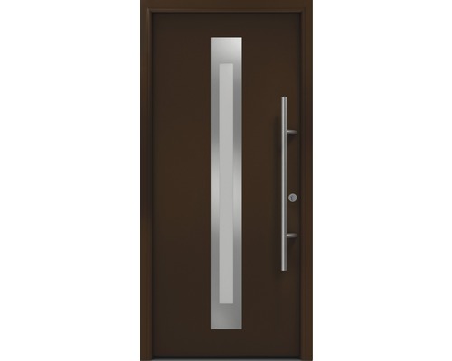 Porte d'entrée EcoStar ISOPRO Secur IPS 770S 1100 x 2100 mm droite RAL 8028 marron terre cuite avec ensemble de ferrures, poignée barre en acier inoxydable, cylindre profilé de sécurité avec 5 clés Porte d''entrée avec insert en verre et poignée barre
