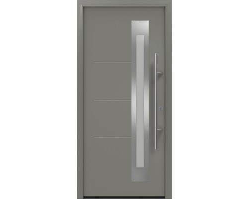 Porte d'entrée EcoStar ISOPRO Secur IPS 780S 1100 x 2100 mm droite RAL 9007 aluminium gris mat avec ensemble de ferrures, poignée barre en acier inoxydable, cylindre profilé de sécurité avec 5 clés Porte d''entrée moderne avec des lignes droites et une poignée