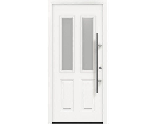 Porte d'entrée EcoStar ISOPRO Secur IPS 410S 1100 x 2100 mm droite RAL 9016 blanc signalisation avec ensemble de ferrures, poignée barre en acier inoxydable, cylindre profilé de sécurité avec 5 clés Porte d''entrée blanche avec inserts en verre et poignée en acier inoxydable