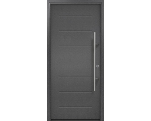 Porte d'entrée EcoStar ISOPRO Secur IPS 015 1100 x 2100 mm droite CH703 anthracite metallic avec ensemble de ferrures, poignée barre en acier inoxydable, cylindre profilé de sécurité avec 5 clés Porte d''entrée grise avec lignes décoratives horizontales et poignée barre