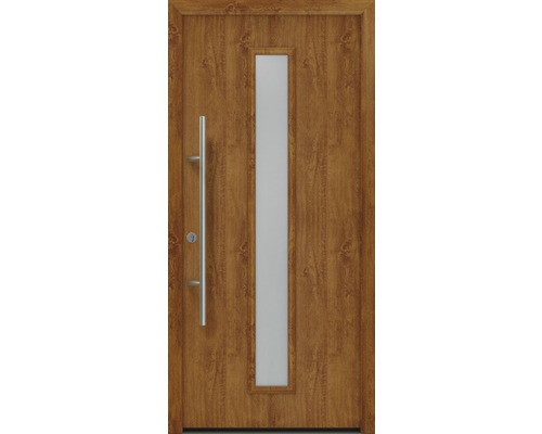 Porte d'entrée EcoStar ISOPRO Secur IPS 020S 1100 x 2100 mm gauche golden oak avec ensemble de ferrures, poignée barre en acier inoxydable, cylindre profilé de sécurité avec 5 clés