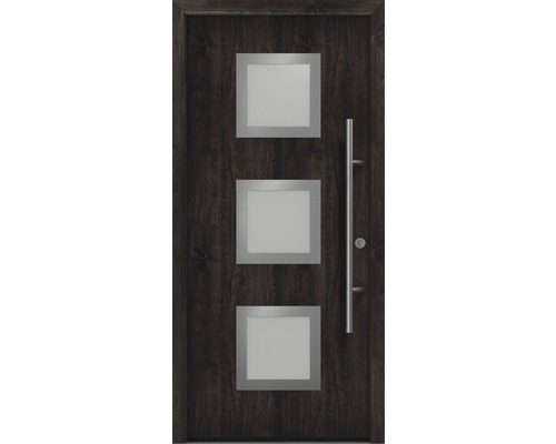 Porte d'entrée EcoStar ISOPRO Secur IPS 810S 1100 x 2100 mm droite night oak avec ensemble de ferrures, poignée barre en acier inoxydable, cylindre profilé de sécurité avec 5 clés