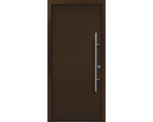 Porte d'entrée EcoStar ISOPRO Secur IPS 015 1100 x 2100 mm droite RAL 8028 marron terre cuite avec ensemble de ferrures, poignée barre en acier inoxydable, cylindre profilé de sécurité avec 5 clés Porte d''entrée avec poignée en acier inoxydable