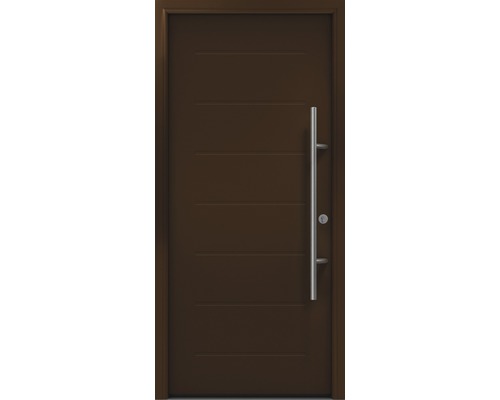 Porte d'entrée EcoStar ISOPRO Secur IPS 015 1100 x 2100 mm droite RAL 8028 marron terre cuite avec ensemble de ferrures, poignée barre en acier inoxydable, cylindre profilé de sécurité avec 5 clés