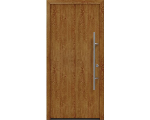 Porte d'entrée EcoStar ISOPRO Secur IPS 010 1100 x 2100 mm droite golden oak avec ensemble de ferrures, poignée barre en acier inoxydable, cylindre profilé de sécurité avec 5 clés
