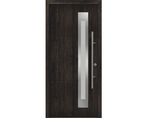 Porte d'entrée EcoStar ISOPRO Secur IPS 780S 1100 x 2100 mm droite night oak avec ensemble de ferrures, poignée barre en acier inoxydable, cylindre profilé de sécurité avec 5 clés