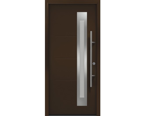 Porte d'entrée EcoStar ISOPRO Secur IPS 780S 1100 x 2100 mm droite RAL 8028 marron terre cuite avec ensemble de ferrures, poignée barre en acier inoxydable, cylindre profilé de sécurité avec 5 clés Porte d''entrée moderne avec poignée en acier inoxydable et lignes horizontales