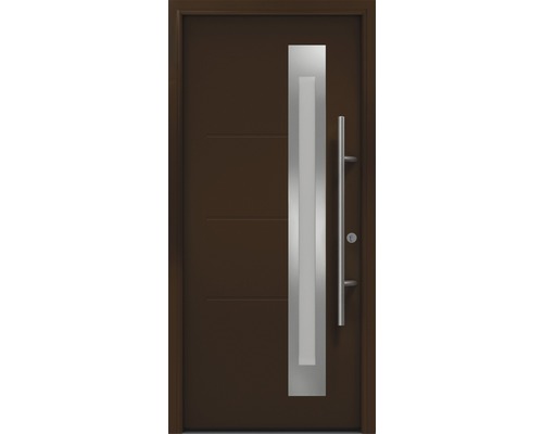 Porte d'entrée EcoStar ISOPRO Secur IPS 780S 1100 x 2100 mm droite RAL 8028 marron terre cuite avec ensemble de ferrures, poignée barre en acier inoxydable, cylindre profilé de sécurité avec 5 clés