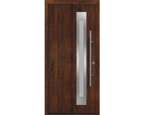 Porte d'entrée EcoStar ISOPRO Secur IPS 780S 1100 x 2100 mm droite dark oak avec ensemble de ferrures, poignée barre en acier inoxydable, cylindre profilé de sécurité avec 5 clés