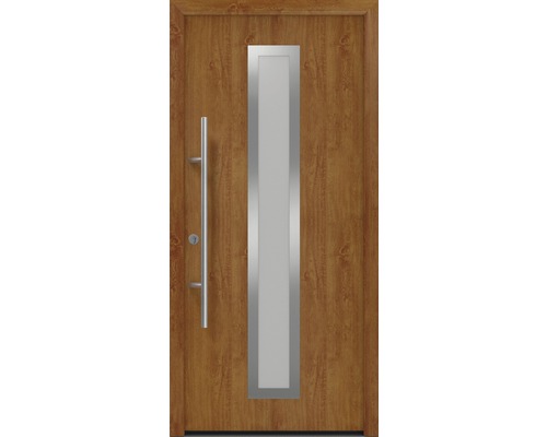 Porte d'entrée EcoStar ISOPRO Secur IPS 700S 1100 x 2100 mm gauche golden oak avec ensemble de ferrures, poignée barre en acier inoxydable, cylindre profilé de sécurité avec 5 clés