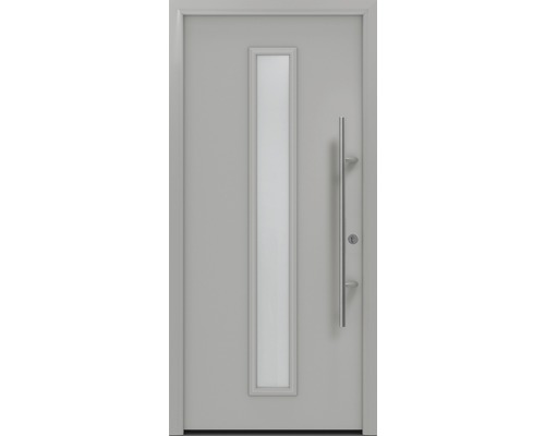 Porte d'entrée EcoStar ISOPRO Secur IPS 020S 1100 x 2100 mm droite RAL 9006 aluminium blanc mat avec ensemble de ferrures, poignée barre en acier inoxydable, cylindre profilé de sécurité avec 5 clés Porte d''entrée avec insert en verre et poignée en acier inoxydable