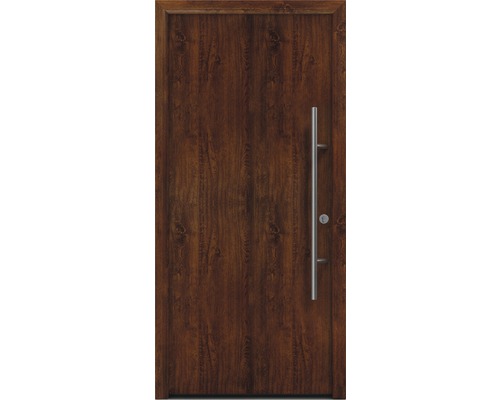 Porte d'entrée EcoStar ISOPRO Secur IPS 010 1100 x 2100 mm droite dark oak avec ensemble de ferrures, poignée barre en acier inoxydable, cylindre profilé de sécurité avec 5 clés