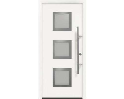 Porte d'entrée EcoStar ISOPRO Secur IPS 810S 1100 x 2100 mm droite RAL 9016 blanc signalisation avec ensemble de ferrures, poignée barre en acier inoxydable, cylindre profilé de sécurité avec 5 clés Porte d''entrée blanche avec trois fenêtres carrées et une poignée en métal.