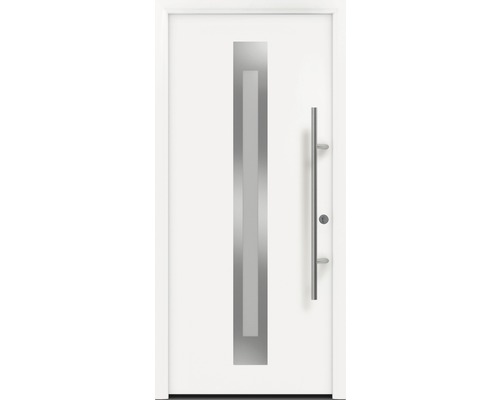 Porte d'entrée EcoStar ISOPRO Secur IPS 770S 1100 x 2100 mm droite RAL 9016 blanc signalisation avec ensemble de ferrures, poignée barre en acier inoxydable, cylindre profilé de sécurité avec 5 clés