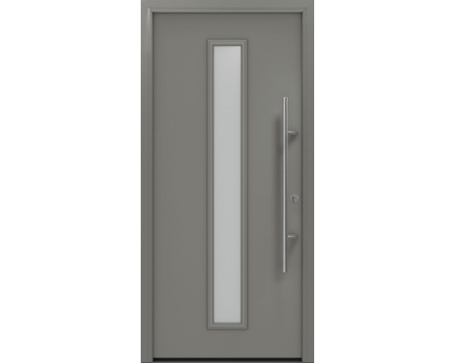Porte d'entrée EcoStar ISOPRO Secur IPS 020S 1100 x 2100 mm droite RAL 9007 aluminium gris mat avec ensemble de ferrures, poignée barre en acier inoxydable, cylindre profilé de sécurité avec 5 clés Porte d''entrée grise avec insert en verre et poignée