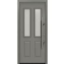 Porte d''entrée grise avec deux panneaux de verre rectangulaires et une poignée barre