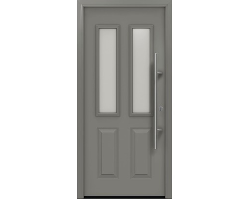 Porte d'entrée EcoStar ISOPRO Secur IPS 410S 1100 x 2100 mm droite RAL 9007 aluminium gris mat avec ensemble de ferrures, poignée barre en acier inoxydable, cylindre profilé de sécurité avec 5 clés Porte d''entrée grise avec deux panneaux de verre rectangulaires et une poignée barre