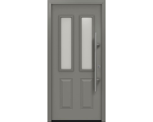 Porte d'entrée EcoStar ISOPRO Secur IPS 410S 1100 x 2100 mm droite RAL 9007 aluminium gris mat avec ensemble de ferrures, poignée barre en acier inoxydable, cylindre profilé de sécurité avec 5 clés