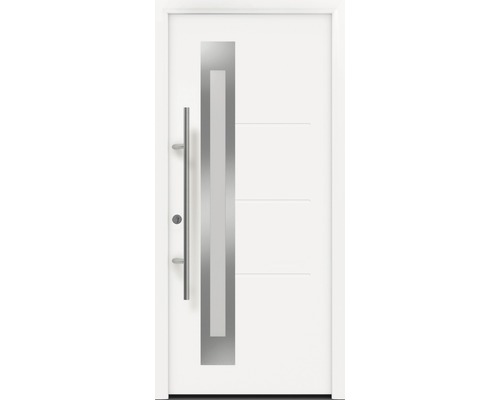 Porte d'entrée EcoStar ISOPRO Secur IPS 780S 1100 x 2100 mm gauche RAL 9016 blanc signalisation avec ensemble de ferrures, poignée barre en acier inoxydable, cylindre profilé de sécurité avec 5 clés