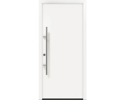 Porte d'entrée EcoStar ISOPRO Secur IPS 010 1100 x 2100 mm gauche RAL 9016 blanc signalisation avec ensemble de ferrures, poignée barre en acier inoxydable, cylindre profilé de sécurité avec 5 clés